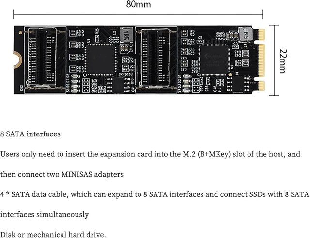 Alt view image 3 of 7 - PCIe 3.0 M.2 B+M Key to 8-Port SATA3 6Gbps Expansion Card Dual Mini-SAS Connectors, RAID Support for Desktop/Server