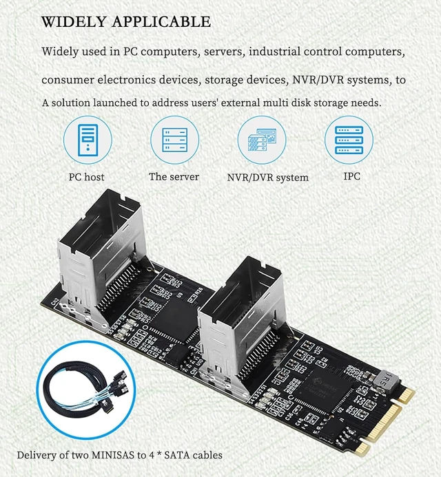 Alt view image 5 of 7 - PCIe 3.0 M.2 B+M Key to 8-Port SATA3 6Gbps Expansion Card Dual Mini-SAS Connectors, RAID Support for Desktop/Server