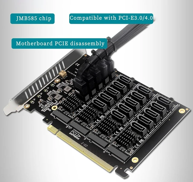 Alt view image 2 of 7 - PH44+PH56 PCIE4.0 X16 to 20-Port SATA Adapter NVME M.2 RAID Array Expansion with JMB585 Chip