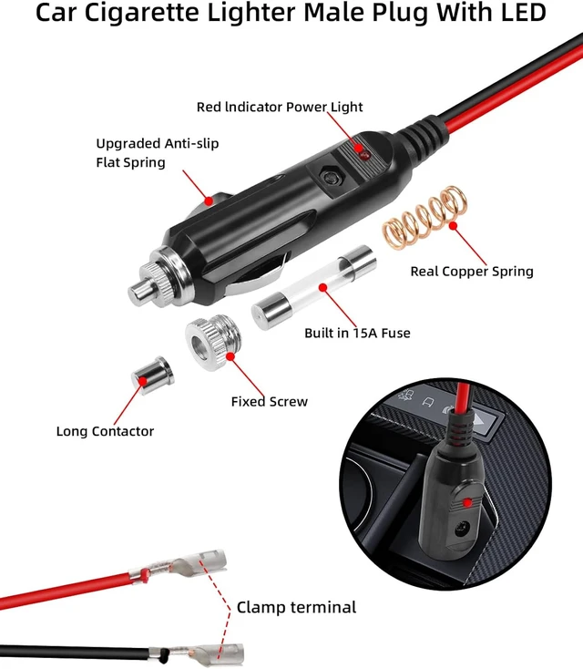 Alt view image 2 of 7 - GELRHONR 12V Cigarette Lighter Male Plug with Leads & LED Light, Replacement Cigarette Lighter Male Plug to Bullet Female Terminal Extension Cable with Switch Button,15A Fuse (2M)