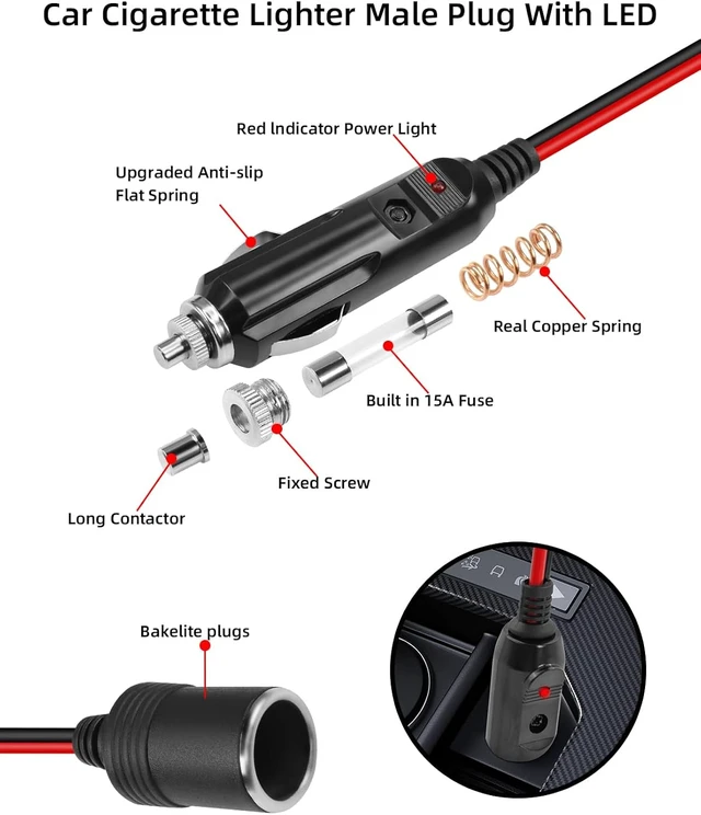 Alt view image 2 of 7 - GELRHONR Cigarette Lighter Extension Cord with ON/Off Switch, 12V Cigarette Lighter Male Plug to Female Socket 16AWG Heavy Duty Cord, 15A Fuse, for Tire Pump, Air Compressor (0.6M/2FT)
