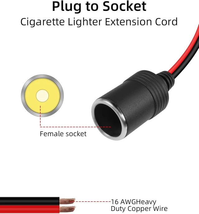 Alt view image 3 of 7 - GELRHONR Cigarette Lighter Extension Cord with ON/Off Switch, 12V Cigarette Lighter Male Plug to Female Socket 16AWG Heavy Duty Cord, 15A Fuse, for Tire Pump, Air Compressor (0.6M/2FT)