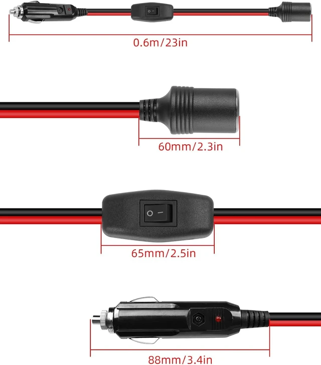 Alt view image 7 of 7 - GELRHONR Cigarette Lighter Extension Cord with ON/Off Switch, 12V Cigarette Lighter Male Plug to Female Socket 16AWG Heavy Duty Cord, 15A Fuse, for Tire Pump, Air Compressor (0.6M/2FT)