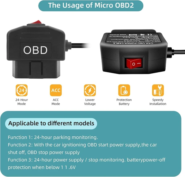 Alt view image 3 of 7 - GELRHONR OBD Power Cable with Switch Button, Right Angle Micro USB to OBD2 Power Cable for Dash Camera 24 Hours Surveillance/Acc Mode 12-24V to 5V 23A, for Dashcam, GPS or Radar-3.5M/11.5Ft