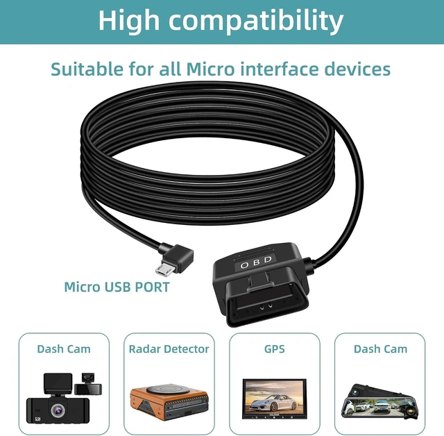 Alt view image 6 of 7 - GELRHONR OBD Power Cable with Switch Button, Right Angle Micro USB to OBD2 Power Cable for Dash Camera 24 Hours Surveillance/Acc Mode 12-24V to 5V 23A, for Dashcam, GPS or Radar-3.5M/11.5Ft