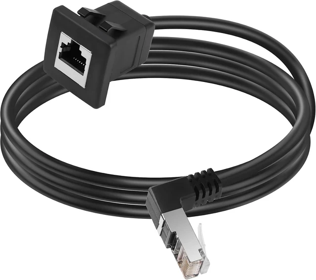 Main image of GELRHONR Up Angle CAT5e/5 Ethernet Cable, 90 Degree RJ45 Male to Female Panel Mount CAT5 Shielded Network LAN Extender Cord for Desk, Wall, Chassis Panel Black-Up-1M