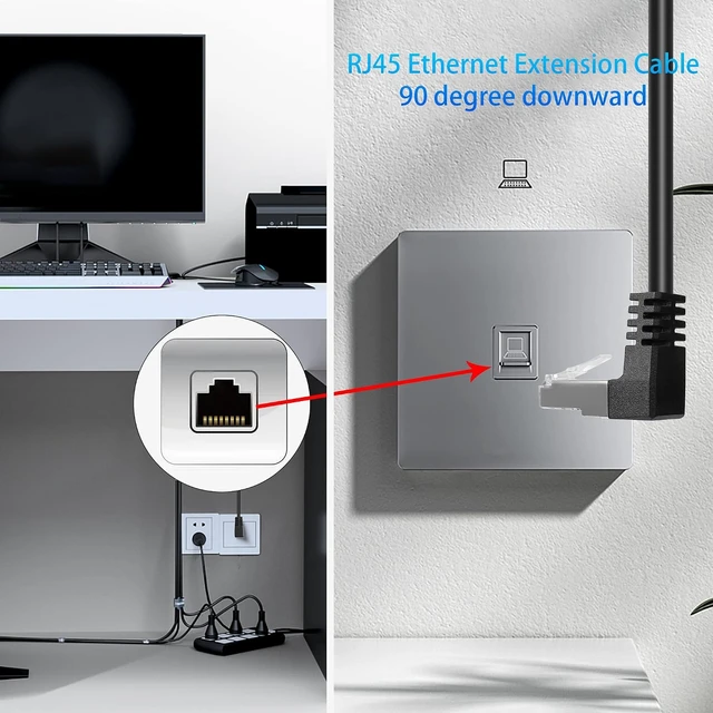 Alt view image 2 of 7 - GELRHONR Up Angle CAT5e/5 Ethernet Cable, 90 Degree RJ45 Male to Female Panel Mount CAT5 Shielded Network LAN Extender Cord for Desk, Wall, Chassis Panel Black-Up-1M