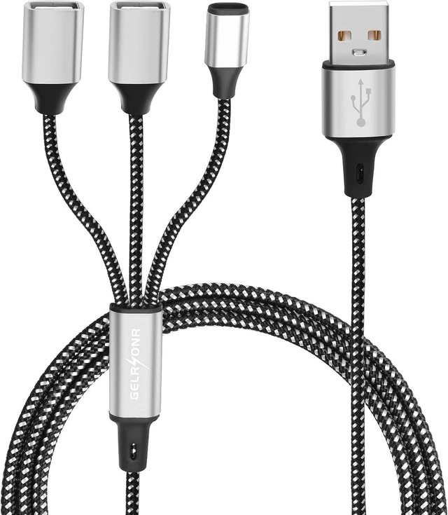 Main image of GELRHONR USB Splitter Cable, USB 2.0 1 Male to 3 Female Extension Cord with USB C Female Port, Support Charging Data Transfer, for Printer, Keyboard, Flash Drive-1M/3.2Ft (1 to 3)