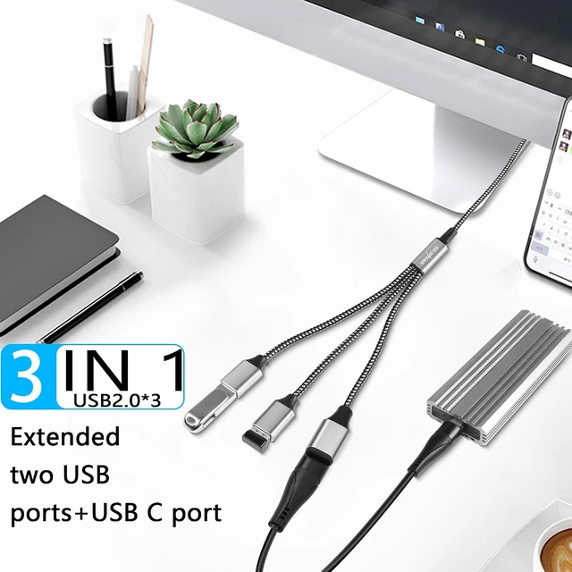 Alt view image 2 of 7 - GELRHONR USB Splitter Cable, USB 2.0 1 Male to 3 Female Extension Cord with USB C Female Port, Support Charging Data Transfer, for Printer, Keyboard, Flash Drive-1M/3.2Ft (1 to 3)