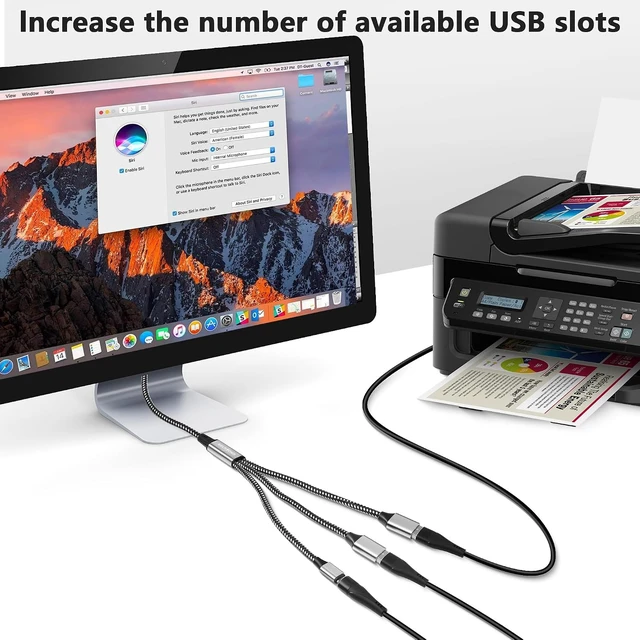 Alt view image 4 of 7 - GELRHONR USB Splitter Cable, USB 2.0 1 Male to 3 Female Extension Cord with USB C Female Port, Support Charging Data Transfer, for Printer, Keyboard, Flash Drive-1M/3.2Ft (1 to 3)