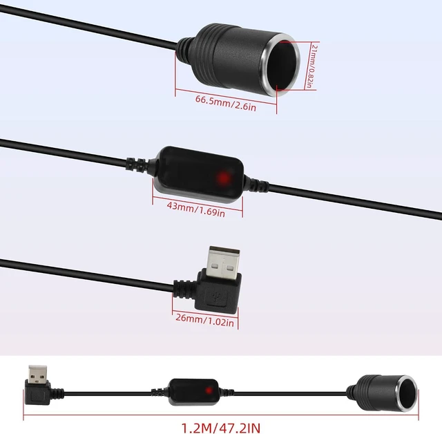 Alt view image 7 of 7 - GELRHONR Right Angle USB to Cigarette Lighter Adapter, 5V USB A Plug to 12V Cigarette Lighter Socket Female Converter Adapter Cord for GPS, Dash cam, Electronic Dog (120cm)