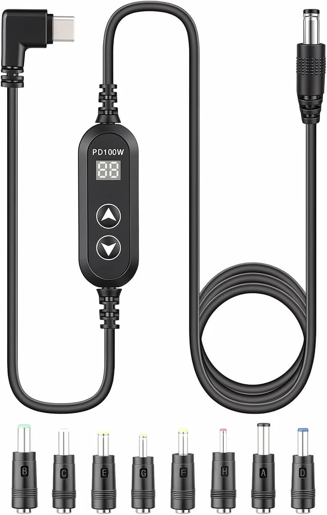 Main image of GELRHONR 100W 90 Grad USB-C to DC PD Trigger Cord 5525mm 8 Tips Fast Charge