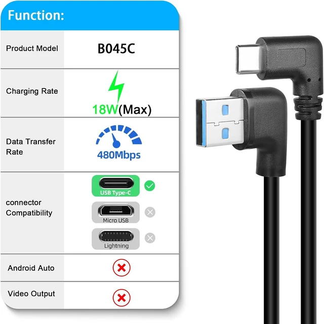 Alt view image 7 of 7 - GELRHONR Right Left Angle USB Type C Cable, 90 Degree 18W Fast Charging USB A to USB C Cable (Black-Right-1M)
