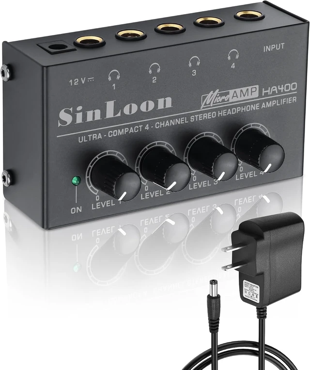 Main image of SinLoon HA400 4-Channel Stereo Headphone Amplifier, Metal Mini Audio Splitter with Independent Volume Control, 1/4" TRS Output & Input, with 12V Adapter for Studio, Stage, PC, Guitar