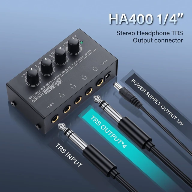 Alt view image 2 of 7 - SinLoon HA400 4-Channel Stereo Headphone Amplifier, Metal Mini Audio Splitter with Independent Volume Control, 1/4" TRS Output & Input, with 12V Adapter for Studio, Stage, PC, Guitar
