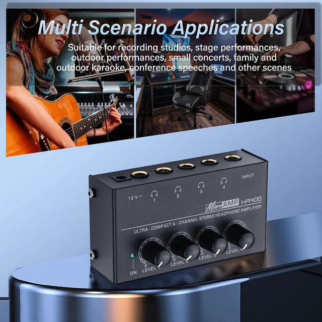 Alt view image 4 of 7 - SinLoon HA400 4-Channel Stereo Headphone Amplifier, Metal Mini Audio Splitter with Independent Volume Control, 1/4" TRS Output & Input, with 12V Adapter for Studio, Stage, PC, Guitar