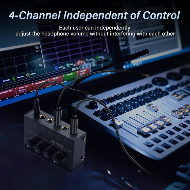 Alt view image 5 of 7 - SinLoon HA400 4-Channel Stereo Headphone Amplifier, Metal Mini Audio Splitter with Independent Volume Control, 1/4" TRS Output & Input, with 12V Adapter for Studio, Stage, PC, Guitar