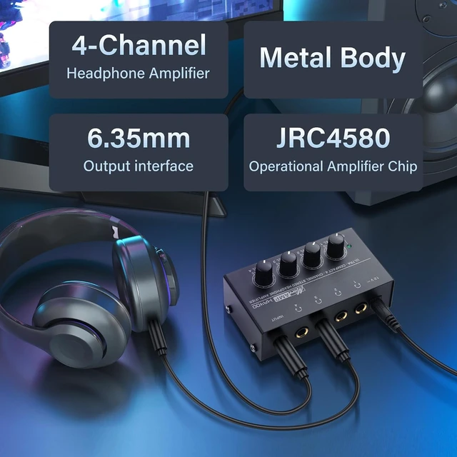 Alt view image 3 of 7 - SinLoon HA400 4-Channel Stereo Headphone Amplifier, Metal Mini Audio Splitter with Independent Volume Control, 1/4" TRS Output & Input, with 12V Adapter for Studio, Stage, PC, Guitar