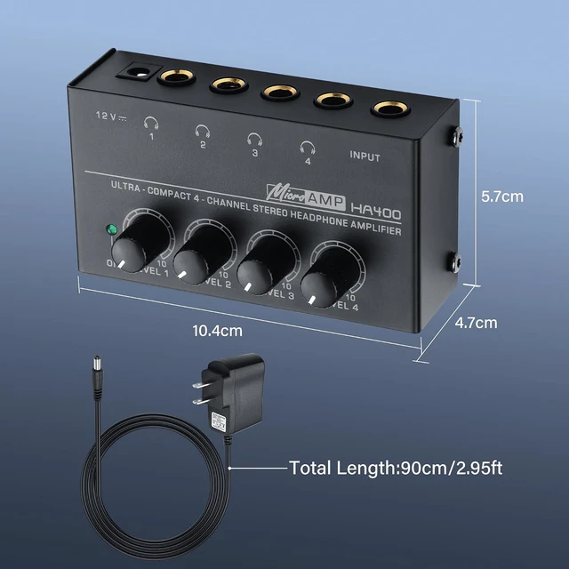 Alt view image 6 of 7 - SinLoon HA400 4-Channel Stereo Headphone Amplifier, Metal Mini Audio Splitter with Independent Volume Control, 1/4" TRS Output & Input, with 12V Adapter for Studio, Stage, PC, Guitar