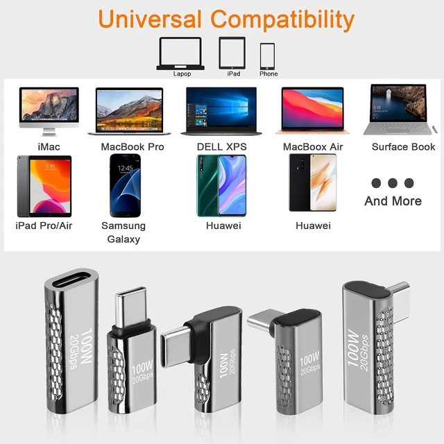 Alt view image 7 of 7 - GELRHONR USB Type C Male-to-Female Adapter, 100W Fast Charging, 20Gbps Data Transfer, 90 Degree Design, 8K & 60Hz Video Output, Durable Aluminum Casing