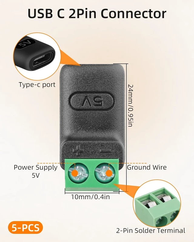 Alt view image 2 of 7 - GELRHONR USB C Female to 2Pin Screw Terminal Adapter, 5V Type C to 2 Pin Solderless Converter Connector for DIY, USBC Repairment and Small Appliances, 5Pack (C Female to 2Pin)
