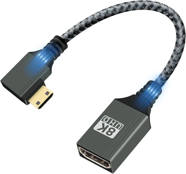 Main image of GELRHONR 8K Left Angle Mini HDTV to HDTV Adapter, 8K@60Hz, 4K@120Hz, HDTV2.1 Female to Mini Male Cable for Camera, Monitor, Laptop (Left Angle)