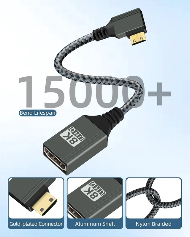 Alt view image 2 of 7 - GELRHONR 8K Left Angle Mini HDTV to HDTV Adapter, 8K@60Hz, 4K@120Hz, HDTV2.1 Female to Mini Male Cable for Camera, Monitor, Laptop (Left Angle)