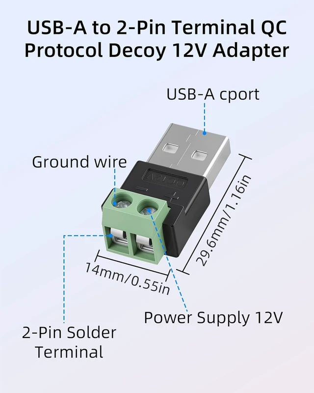 Alt view image 7 of 7 - GELRHONR 12V USB A Male to 2 Pin QC PD Trigger Solderless Terminal 3-Pack