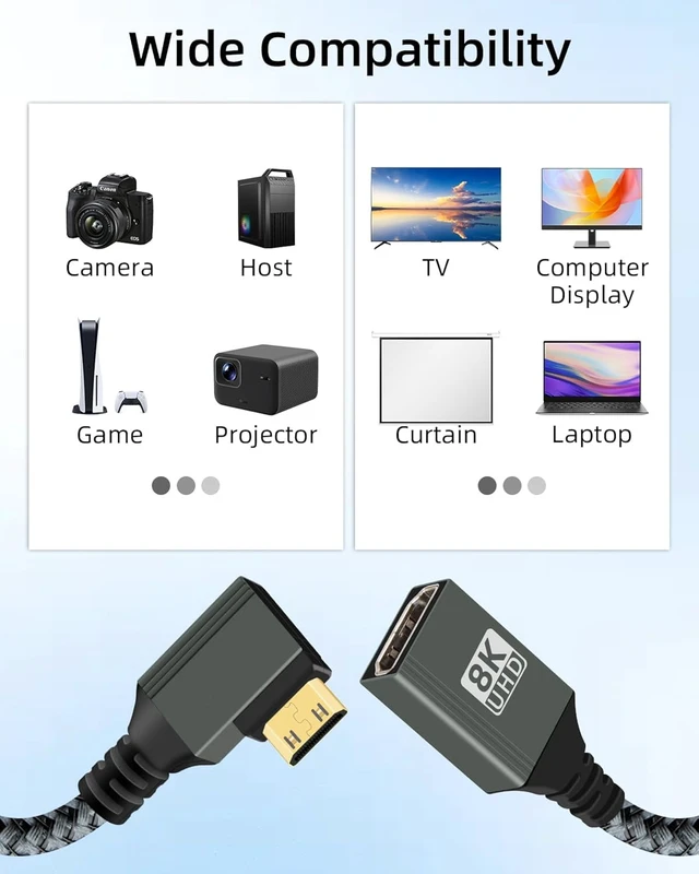 Alt view image 7 of 7 - GELRHONR 8K Left Angle Mini HDTV to HDTV Adapter, 8K@60Hz, 4K@120Hz, HDTV2.1 Female to Mini Male Cable for Camera, Monitor, Laptop (Left Angle)