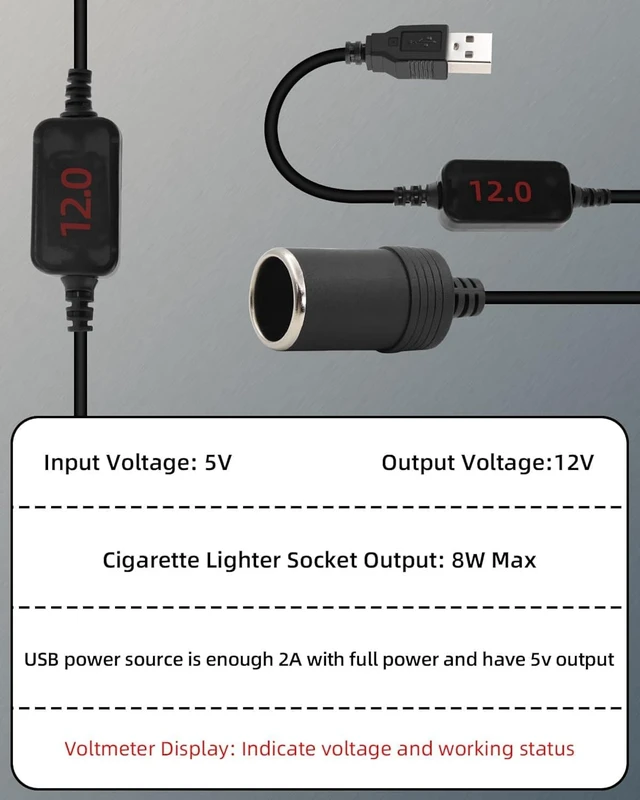 Alt view image 2 of 7 - GELRHONR 5V USB A Male to 12V 8W Cigarette Lighter Socket Adapter Converter with Voltmeter Display, for Charger, GPS, Dash Cam, Socket Electronic Dog Power Supply (0.3M)