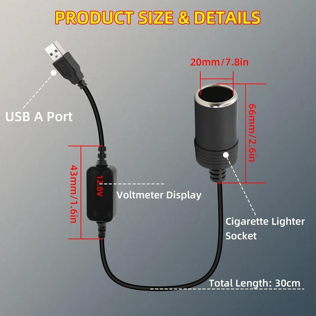 Alt view image 5 of 7 - GELRHONR 5V USB A Male to 12V 8W Cigarette Lighter Socket Adapter Converter with Voltmeter Display, for Charger, GPS, Dash Cam, Socket Electronic Dog Power Supply (0.3M)