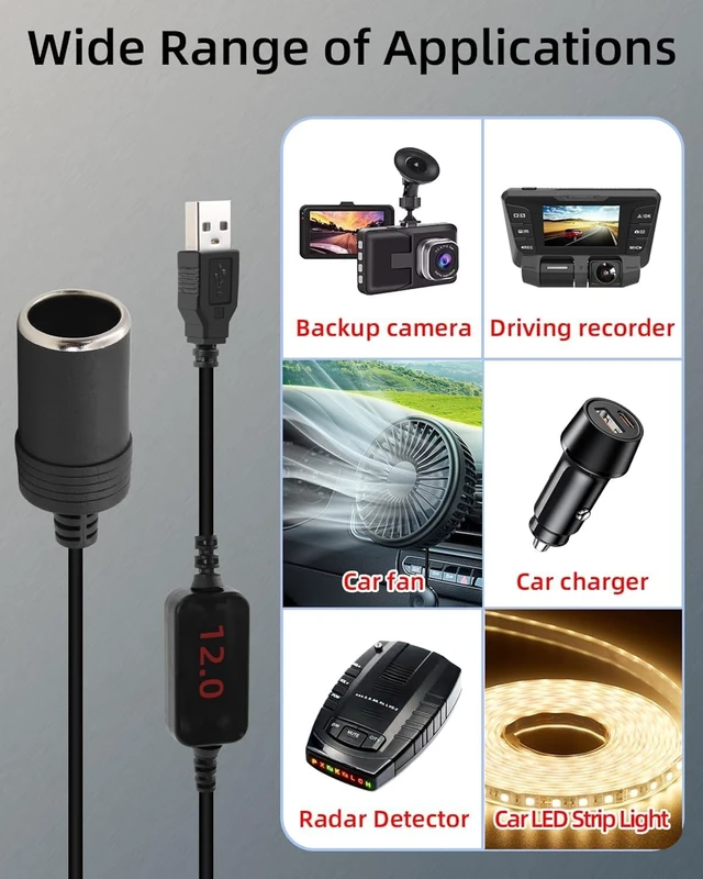 Alt view image 6 of 7 - GELRHONR 5V USB A Male to 12V 8W Cigarette Lighter Socket Adapter Converter with Voltmeter Display, for Charger, GPS, Dash Cam, Socket Electronic Dog Power Supply (0.3M)