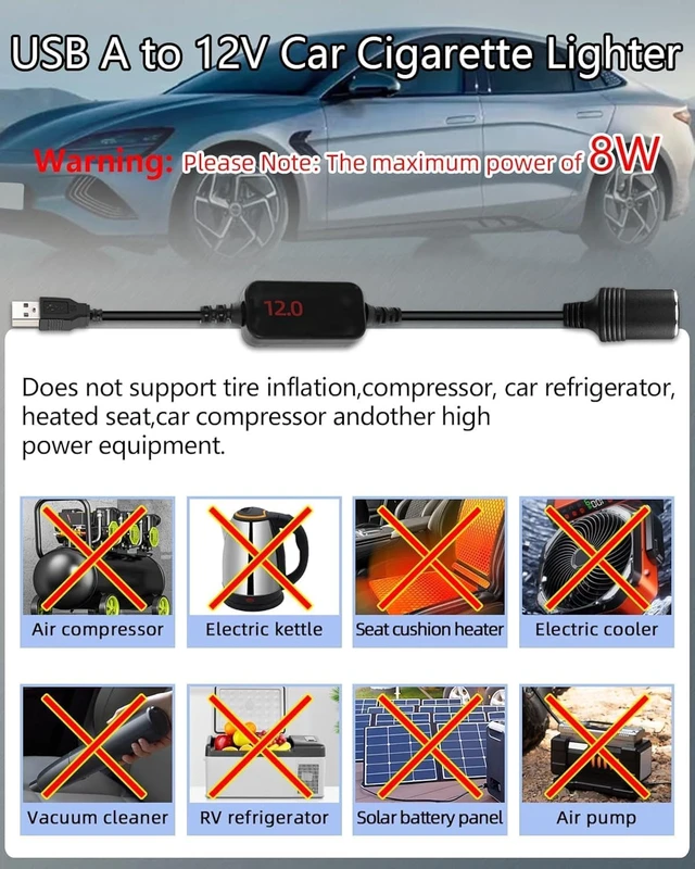 Alt view image 4 of 7 - GELRHONR 5V USB A Male to 12V 8W Cigarette Lighter Socket Adapter Converter with Voltmeter Display, for Charger, GPS, Dash Cam, Socket Electronic Dog Power Supply (0.3M)