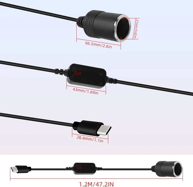 Alt view image 6 of 7 - GELRHONR USB C to 12V Adapter, USB C to Cigarette Lighter Adapter, PD Type C to 12 Volt Cigarette Lighter Socket with Voltmeter Display, for Charger, GPS, Dash Cam (1.2M)