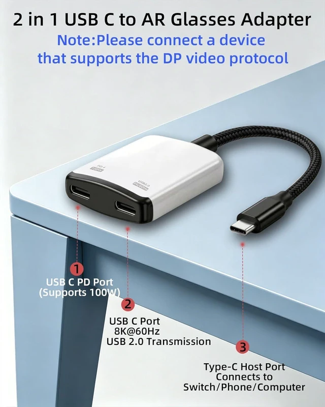 Alt view image 2 of 7 - GELRHONR USBC to AR Glasses Adapter,8K@60Hz,PD 100W Charging for Handheld