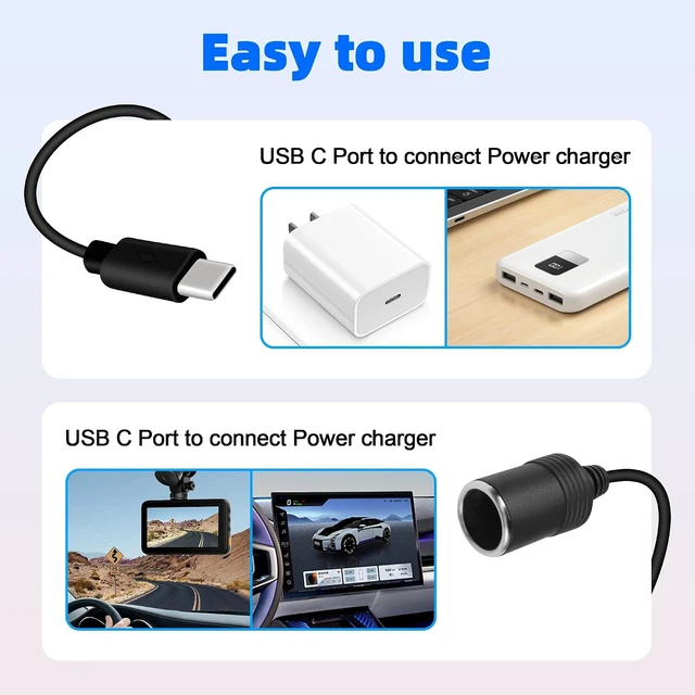 Alt view image 3 of 7 - GELRHONR USB C to 12V Adapter, USB C to Cigarette Lighter Adapter, PD Type C to 12 Volt Cigarette Lighter Socket with Voltmeter Display, for Charger, GPS, Dash Cam (1.2M)