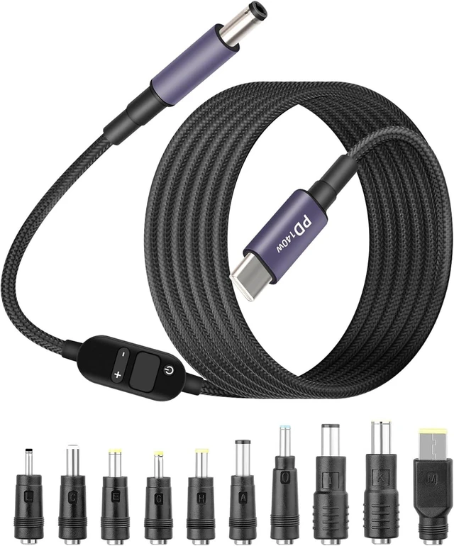 Main image of GELRHONR 140W USB C to DC PD Trigger Power Cable with 10 Connector Tips, USB C to DC 5.5x2.5mm Fast Charging Cable with 5V/9V/12V/15V/20V/28V Voltage for Laptops, Tablets and Portable Power Bank