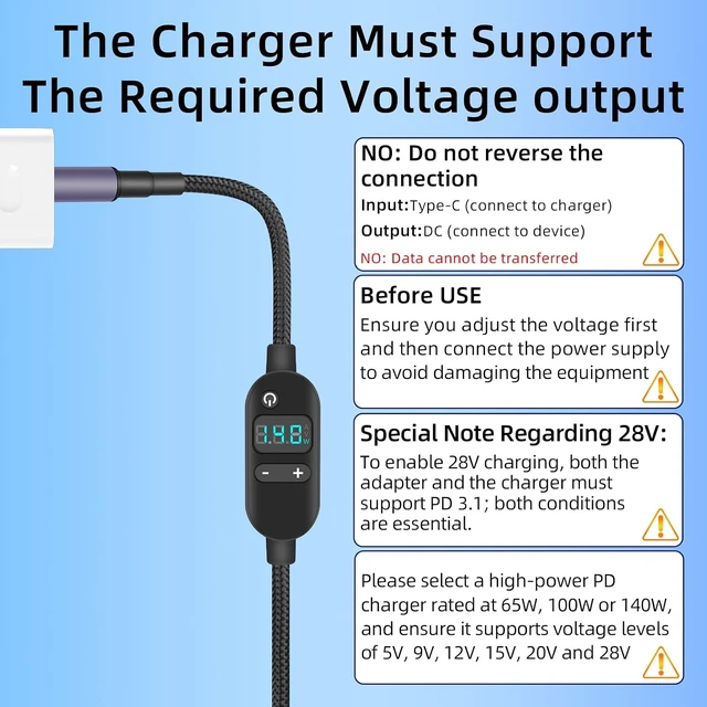 Alt view image 4 of 7 - GELRHONR 140W USB C to DC PD Trigger Power Cable with 10 Connector Tips, USB C to DC 5.5x2.5mm Fast Charging Cable with 5V/9V/12V/15V/20V/28V Voltage for Laptops, Tablets and Portable Power Bank