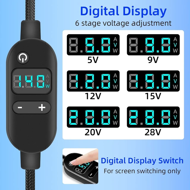 Alt view image 5 of 7 - GELRHONR 140W USB C to DC PD Trigger Power Cable with 10 Connector Tips, USB C to DC 5.5x2.5mm Fast Charging Cable with 5V/9V/12V/15V/20V/28V Voltage for Laptops, Tablets and Portable Power Bank