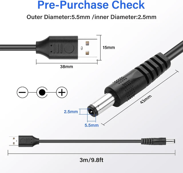 Alt view image 2 of 7 - SinLoon USB to DC 5.5x2.5mm Power Cord 5V 3A 10FT, 2Pcs 5.5mm Barrel Jack Charging Cable for Laptops/Security Systems/LED Strips/Routers