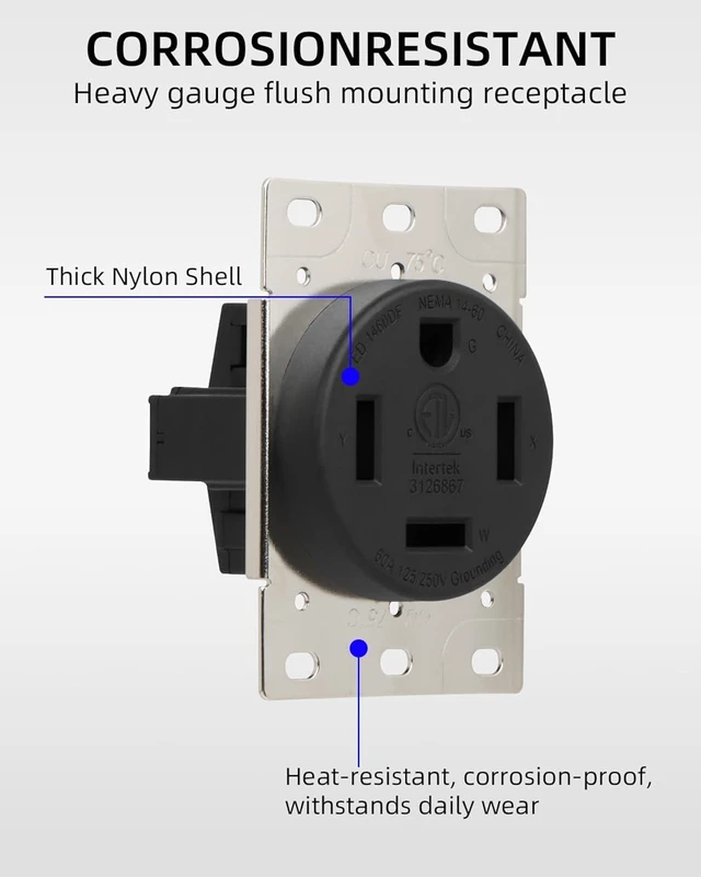 Alt view image 2 of 7 - GELRHONR Nema 14-60R Flush Mounting Receptacle, 60 Amp 125V 250V Power Outlet, for Generator, Welders, Plasma Cutters and More, 3 Pole 4 Wire, Grouded (NEMA 14-60R)