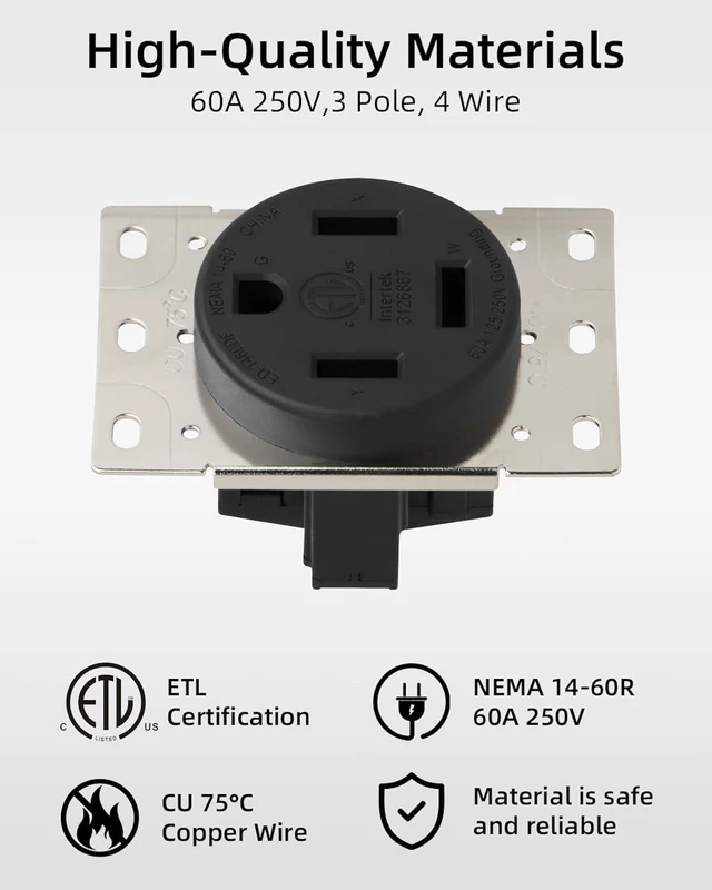 Alt view image 3 of 7 - GELRHONR Nema 14-60R Flush Mounting Receptacle, 60 Amp 125V 250V Power Outlet, for Generator, Welders, Plasma Cutters and More, 3 Pole 4 Wire, Grouded (NEMA 14-60R)
