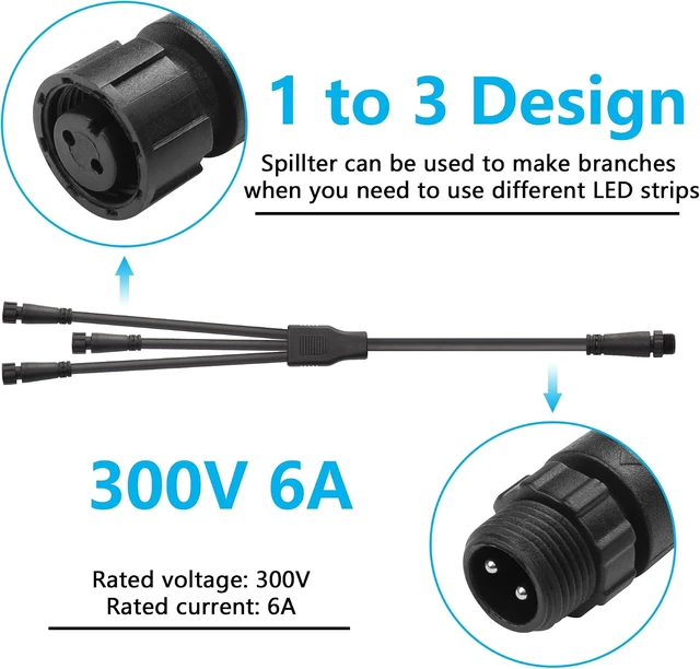 Alt view image 4 of 7 - SinLoon Small Size 2 Core 2 Pin Waterproof Connector Splitter Cable M12 2 Pin Electrical 1 Male to 3 Female Extension Cable 18AWG IP68, for Indoor/Outdoor LED Strip Lights,50CM(1 Male to 3 Female)