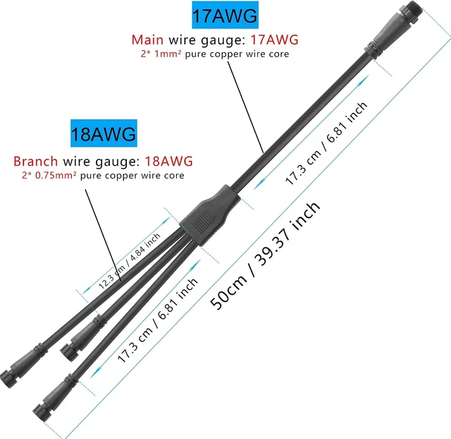 Alt view image 6 of 7 - SinLoon Small Size 2 Core 2 Pin Waterproof Connector Splitter Cable M12 2 Pin Electrical 1 Male to 3 Female Extension Cable 18AWG IP68, for Indoor/Outdoor LED Strip Lights,50CM(1 Male to 3 Female)