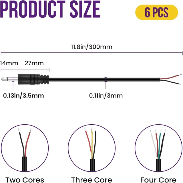 Alt view image 2 of 7 - 6 Pcs 3.5mm Male Plug Audio Cable, 1/8" Bare Wire Cable, 2 3 4 Pole