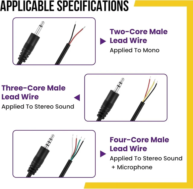 Alt view image 4 of 7 - 6 Pcs 3.5mm Male Plug Audio Cable, 1/8" Bare Wire Cable, 2 3 4 Pole