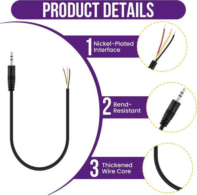 Alt view image 5 of 7 - 6 Pcs 3.5mm Male Plug Audio Cable, 1/8" Bare Wire Cable, 2 3 4 Pole