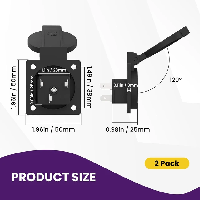 Alt view image 2 of 7 - 2 Pack US Standard Water-Proof Power Outlet, 15A 125V 3-Hole Socket