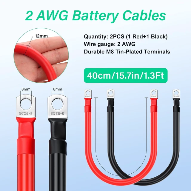 Alt view image 2 of 7 - SinLoon 2AWG Heavy Duty Battery Cables with M8 Lug Terminal,Pair(Red+Black)