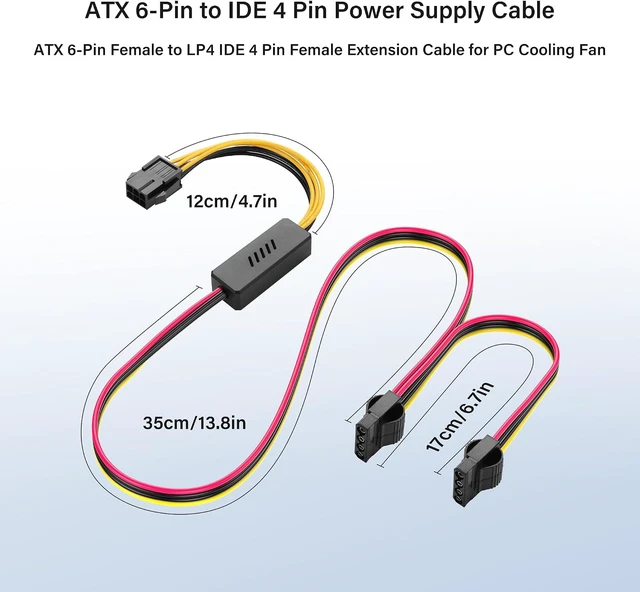 Alt view image 6 of 7 - SinLoon 6 Pin ATX PSU to IDE 4 Pin Power Supply Cable ATX 6-Pin Female to LP4 IDE 4-Pin Female Extension Cable for PC Cooling Fan (1 to 2)